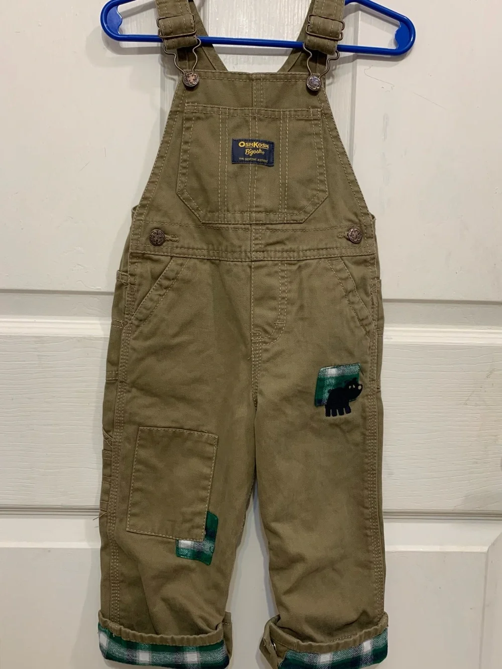 OshKosh B'gosh Khaki Twill Navy Green Plaid 18 Months Overalls 3897